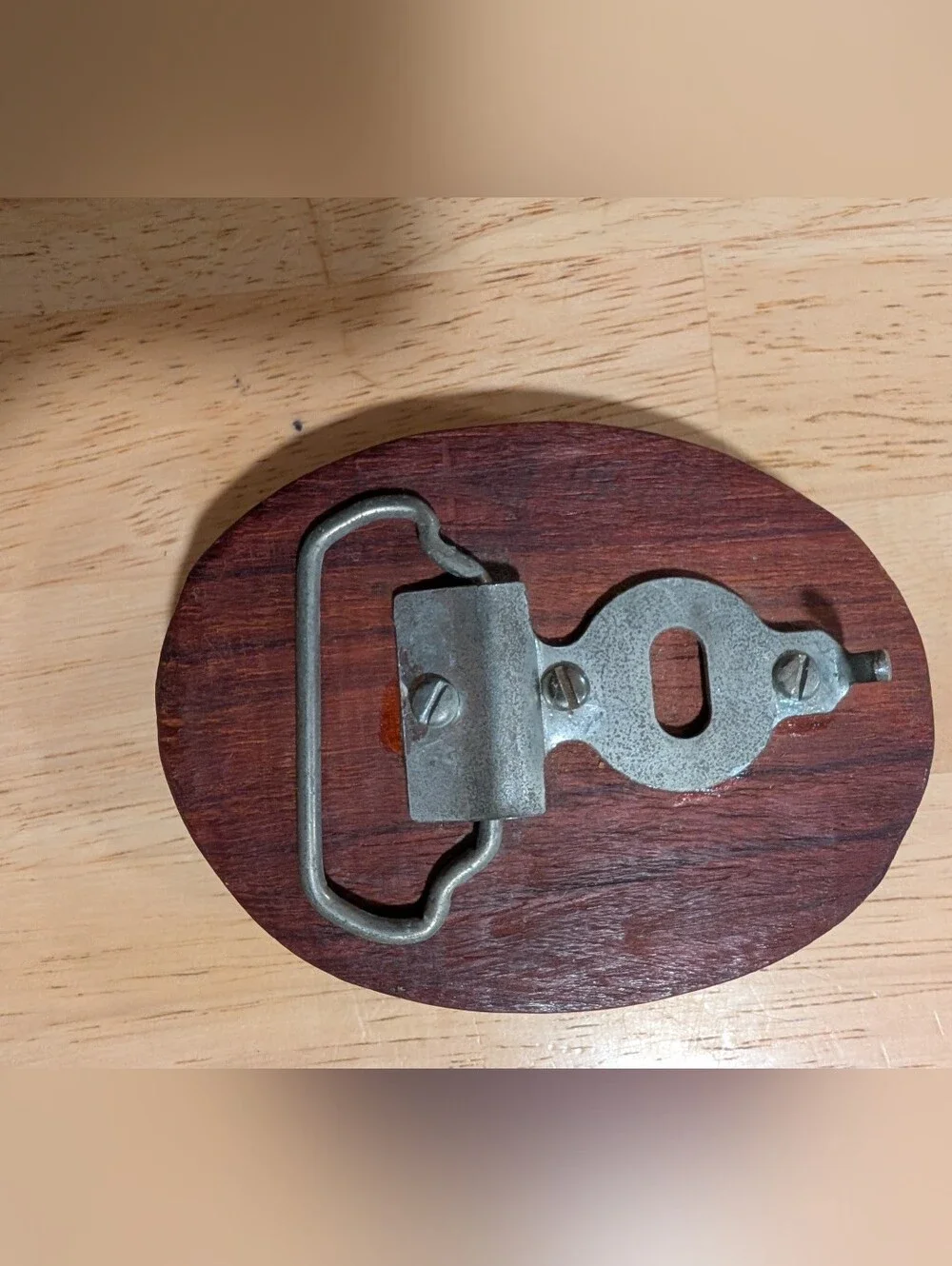 Handcrafted Vintage Brown Wood Belt Buckle with Arrowhead Inlay